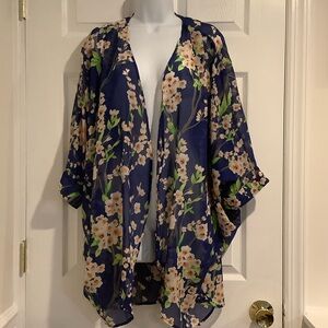 NWT OLRAIN Blue Floral Sheer Open Front Bohemian Kimono Pool Beach Cover Up XL
